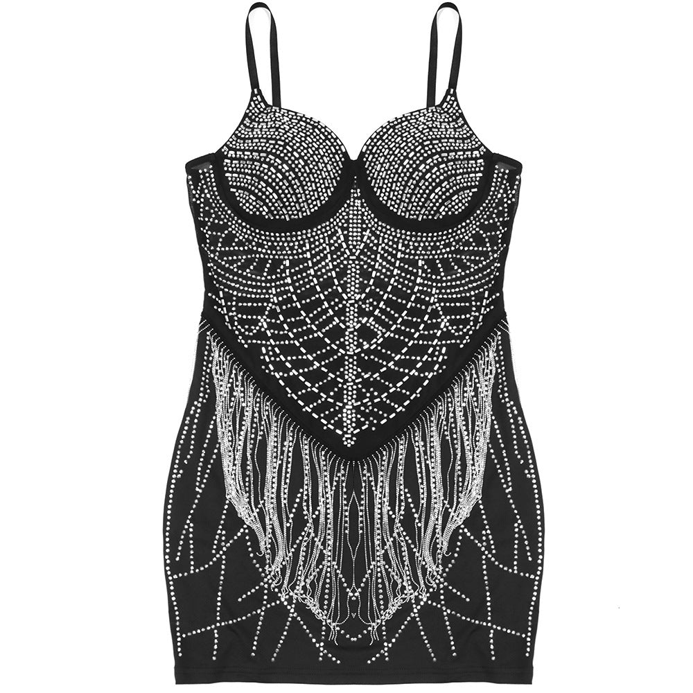 Fashionable Straps Beaded Tassel Bodycon A-Line Dress For Women 21