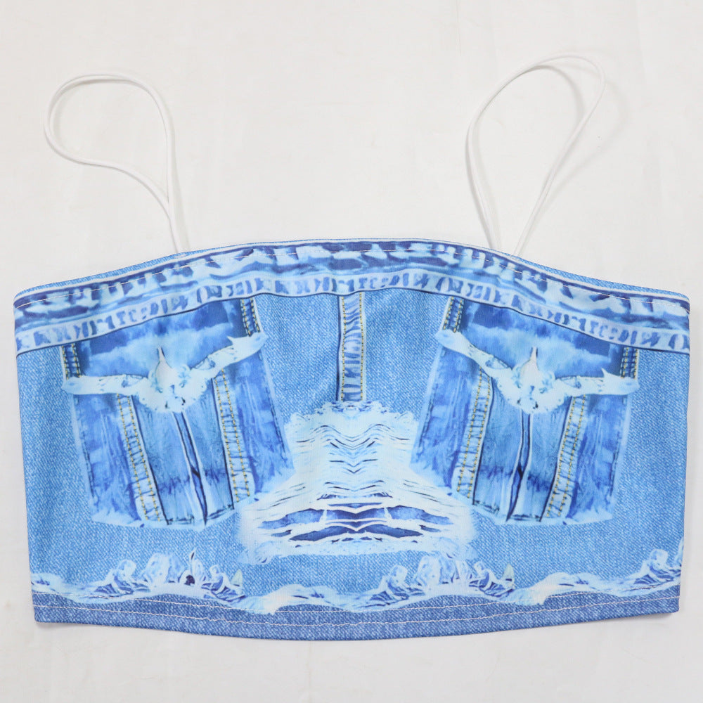 Sexy Fashion Print Strap Top Slim Flared Trousers Two-Piece Set 14