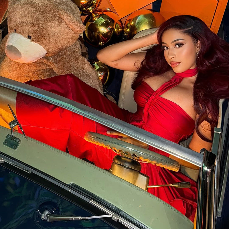 Solid color chic women's clothing low back strapless halter neck long dress formal party gown 5