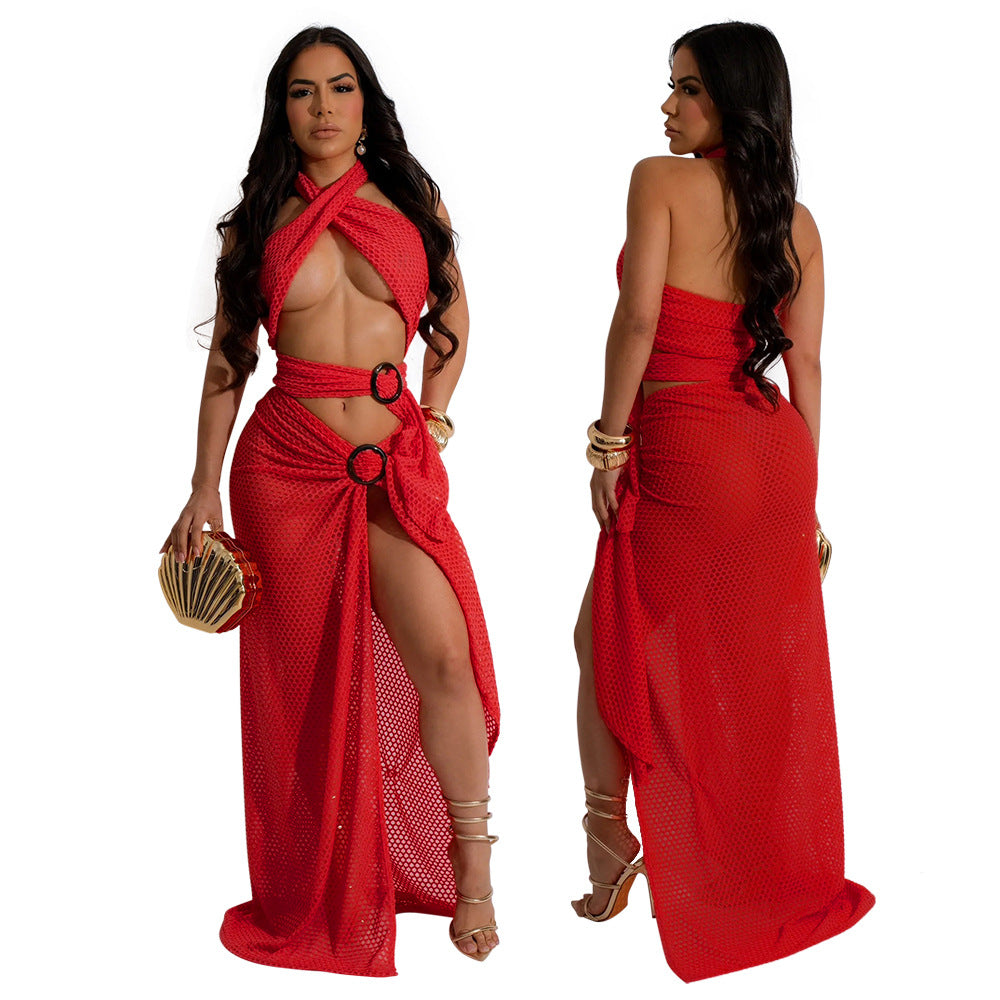 Sexy Halter Neck Mesh Slim High Slit Fashion Solid Color Long Dress 7