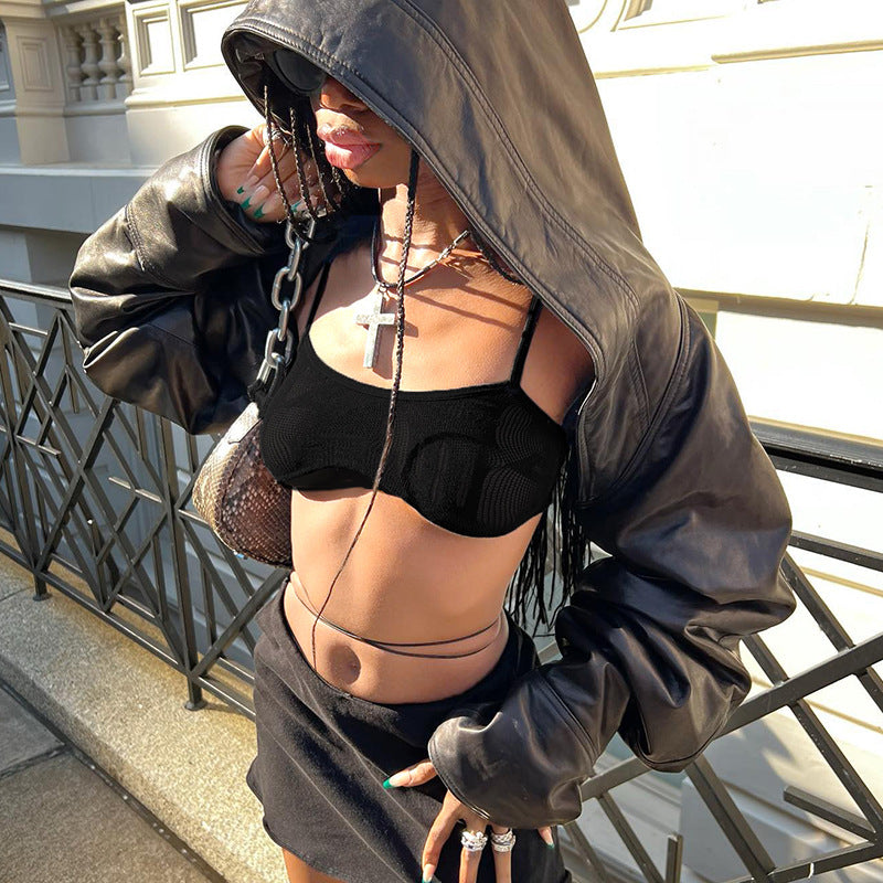 Hip-Hop Street Trendy Hooded Ultra-Short Leather Long-Sleeved Pure Black Jacket 3