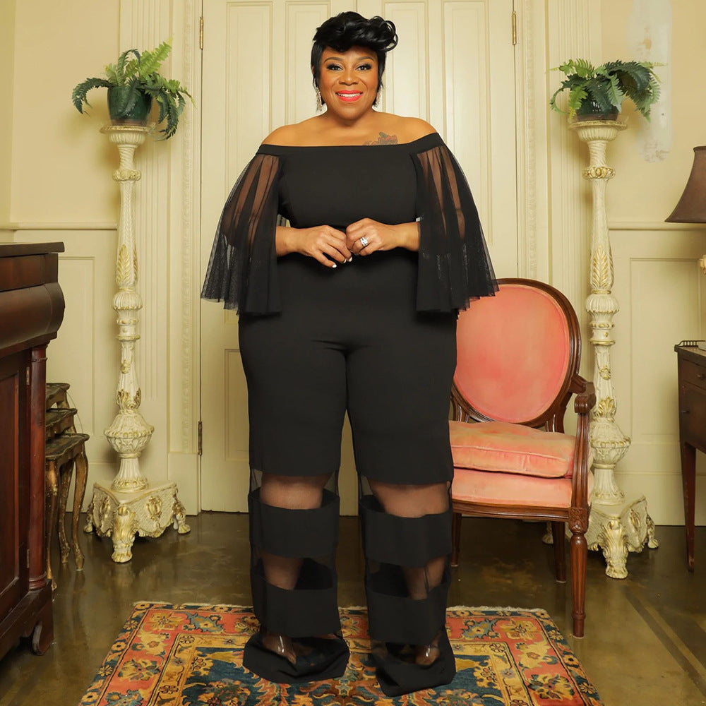 Women'S Off Shoulder Mesh Patchwork Sexy Casual Chic Plus Size Jumpsuit 3