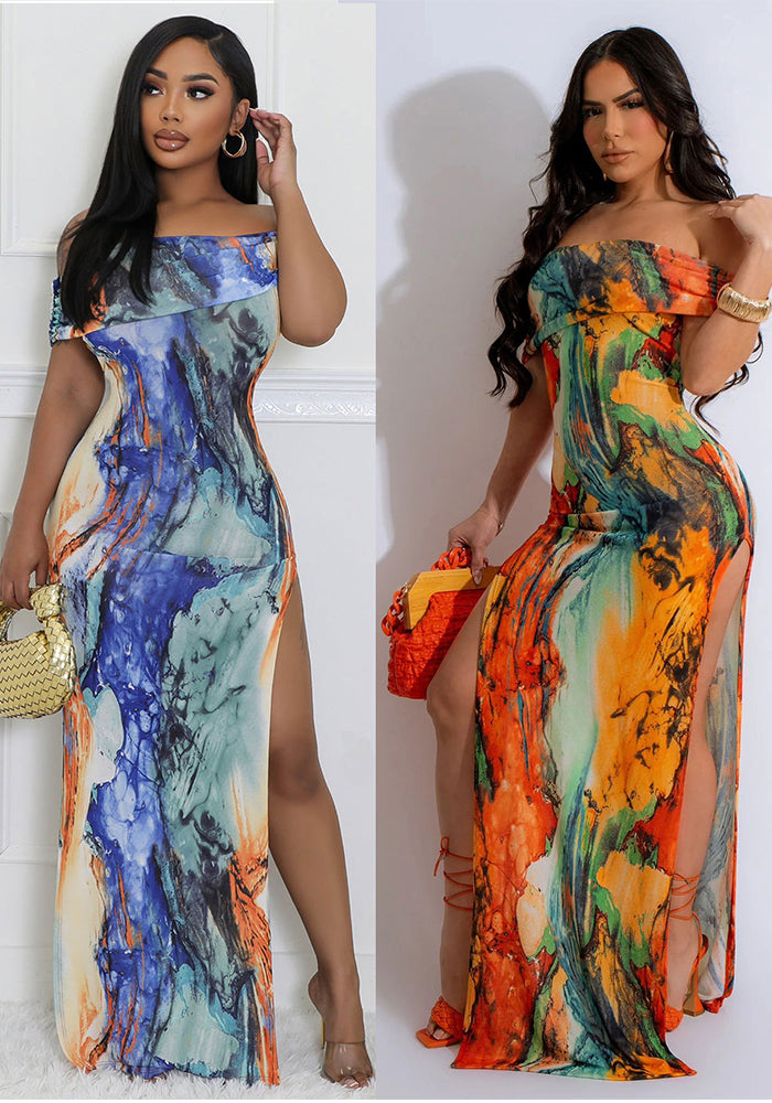 Women sexy printed slit dress