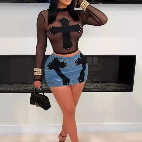 Women rivet patch embroidery top and skirt two-piece set 3