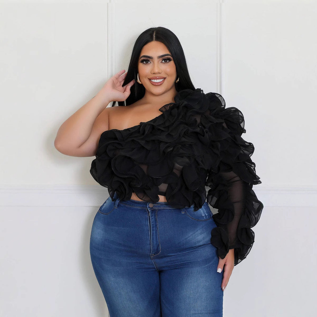 Plus Size Women's Slash Shoulder Long-Sleeved Sexy Solid Color See-Through Mesh Top