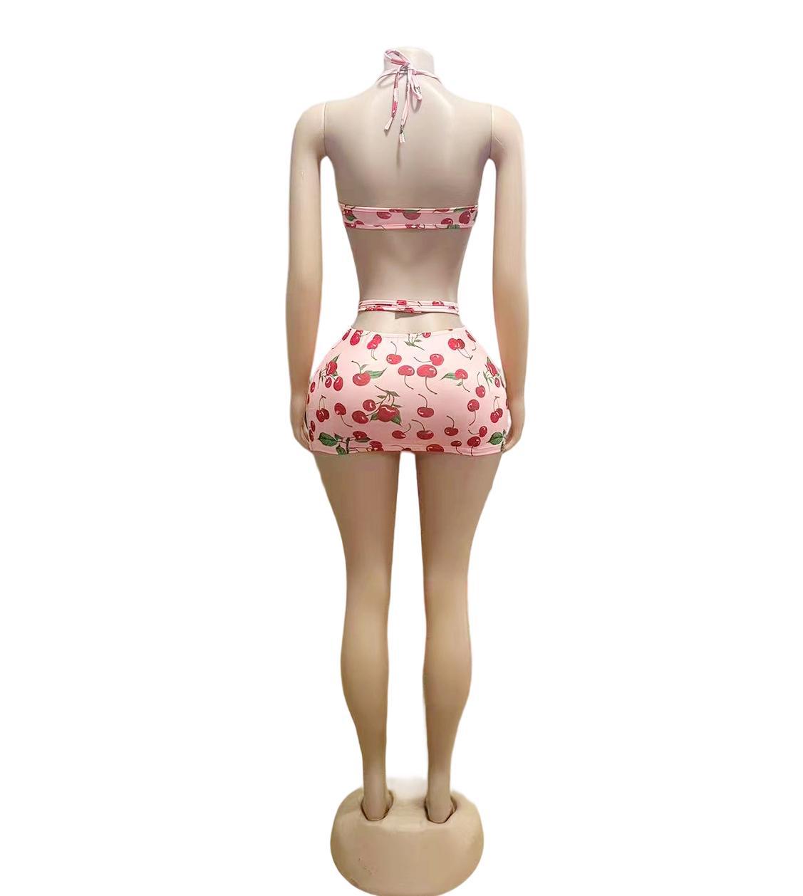 Women Sexy Cherry Printed Pink Suspender Top and Skirt Two-piece Set 7