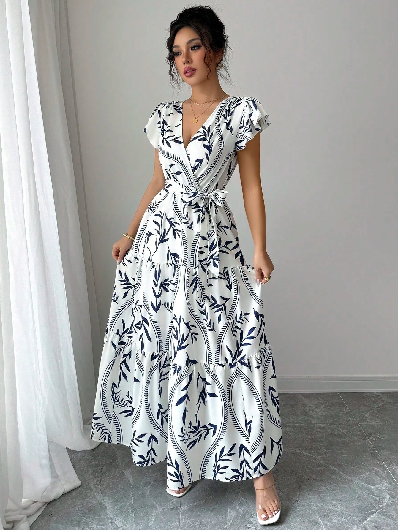Women Spring/Summer Printed Ruffle V-Neck Sexy Maxi Dress 6