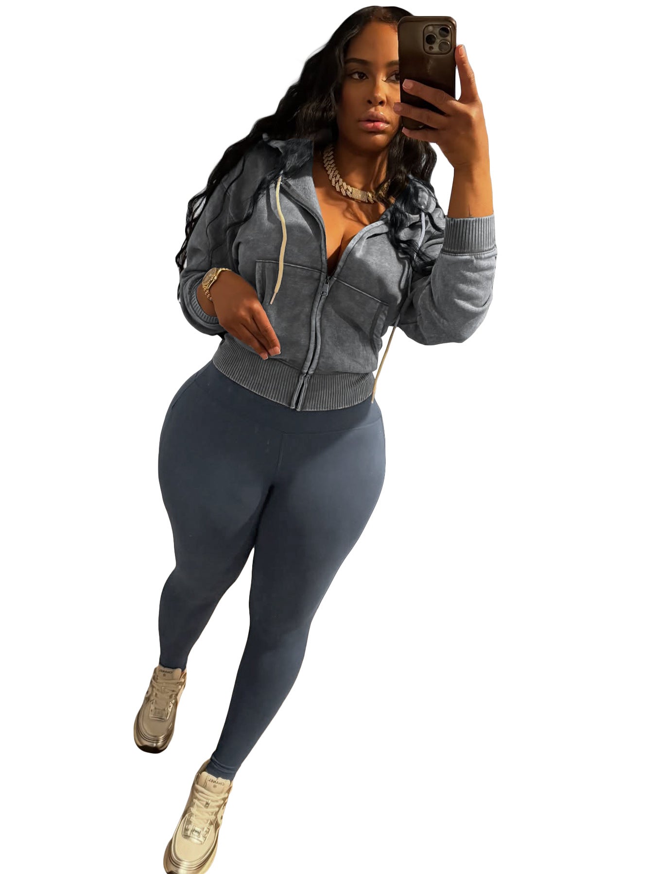 Fashion Women's Washed Zipper Hooded Top Yoga Pants Sport Casual Two-Piece Set 30