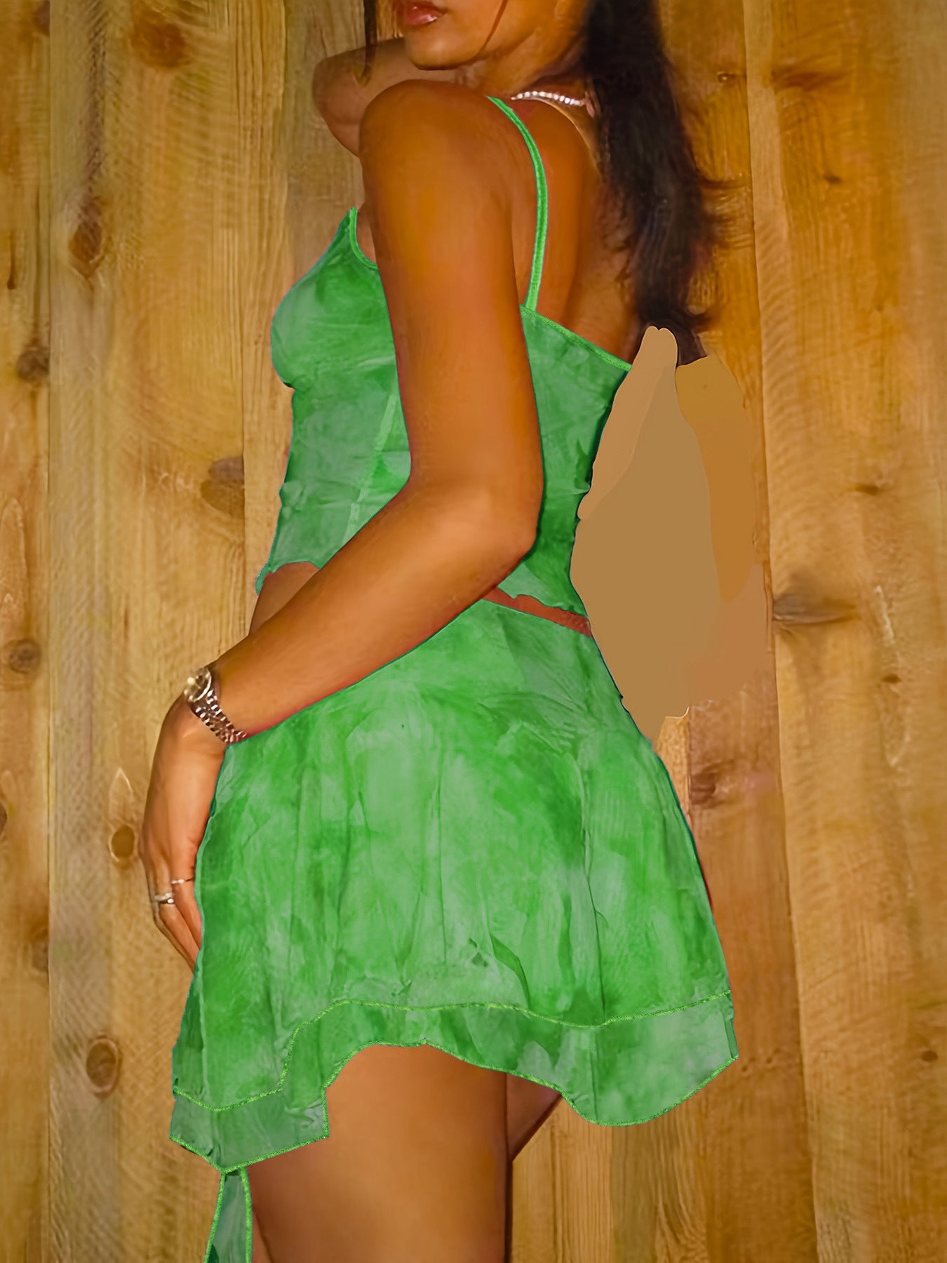 Women Two Mesh Sexy Camisole Top and Irregular Slit Skirt Two-Piece Set 26