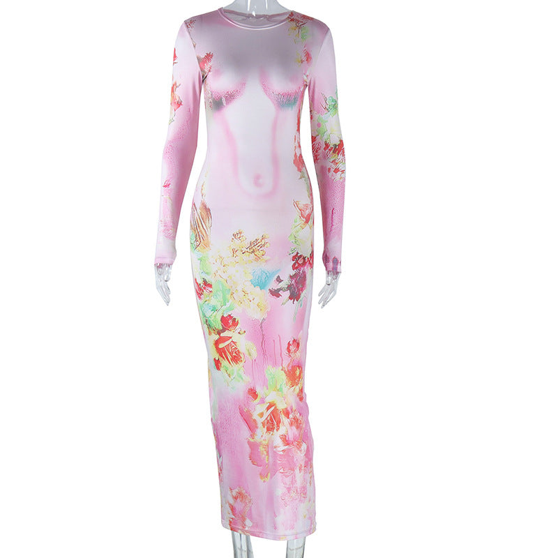 Women Printed Round Neck Long Sleeve Bodycon Maxi Dress 11