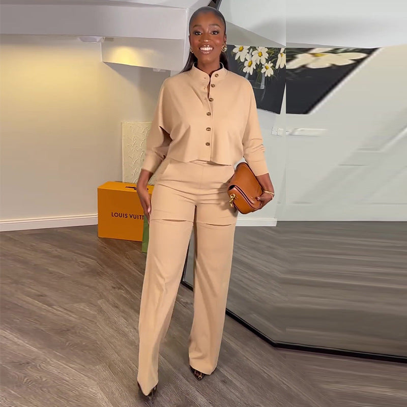 Women Autumn Solid Turndown Collar long-sleeved shirt and wide-leg Pant Casual two-piece set 7