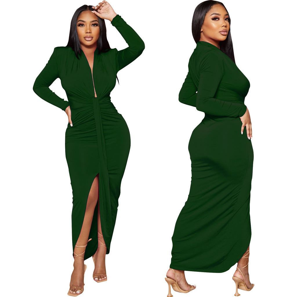 Women Sexy Deep V Neck Belt Slit Dress 4