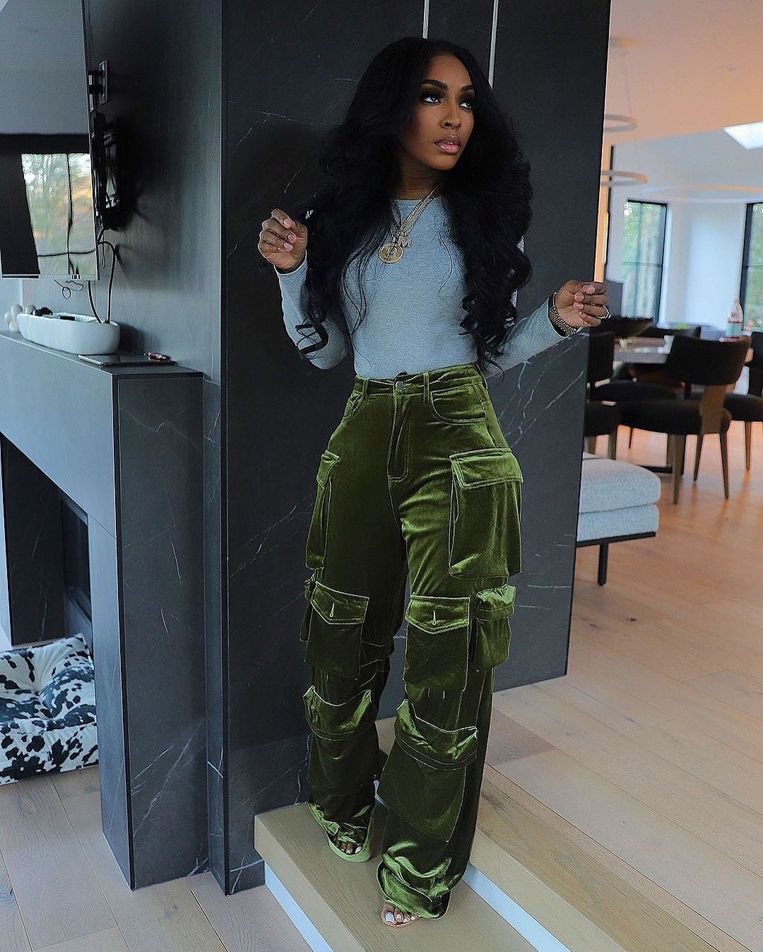 Women Autumn/Winter American Velvet Pocket Cargo Wide-Leg Pants 6