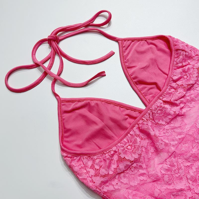 Sexy See-Through Camisole Hollow Lace Patchwork Bodycon Mini Skirt Women's Two Piece Set 19