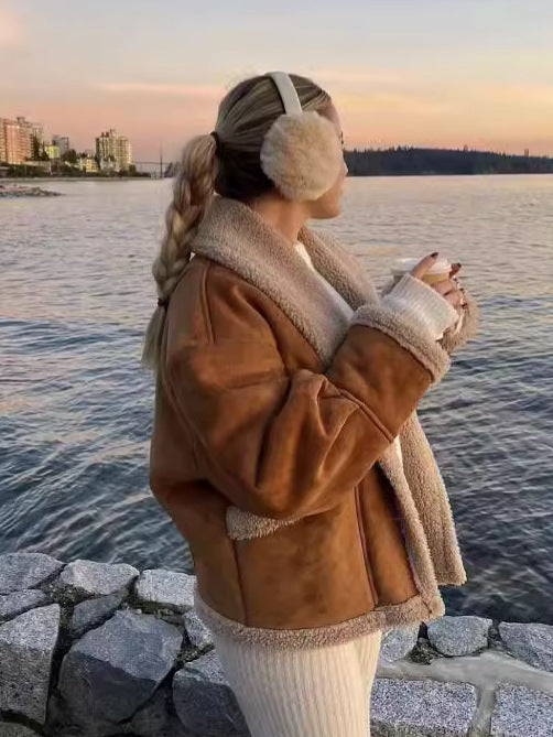 Autumn Winter Women's Woolen Coat Turndown Collar Loose Fur Fleece Jacket 9