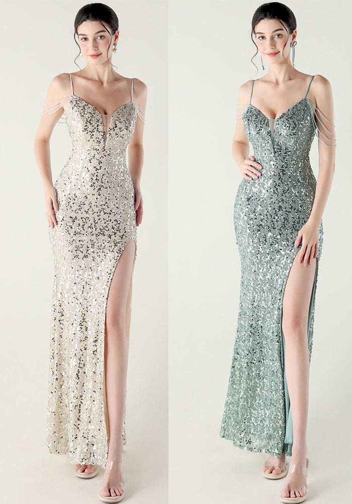 Women Heavy Beaded Tube Beaded Lace-Up V Neck Slit Suspender Formal Party Evening Dress