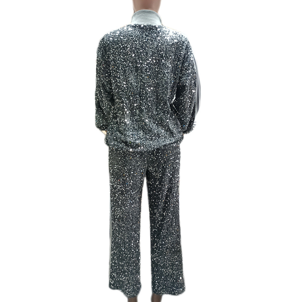 Sequin Fashion Casual Zipper Two Piece Pants Set Autumn Clothing 6