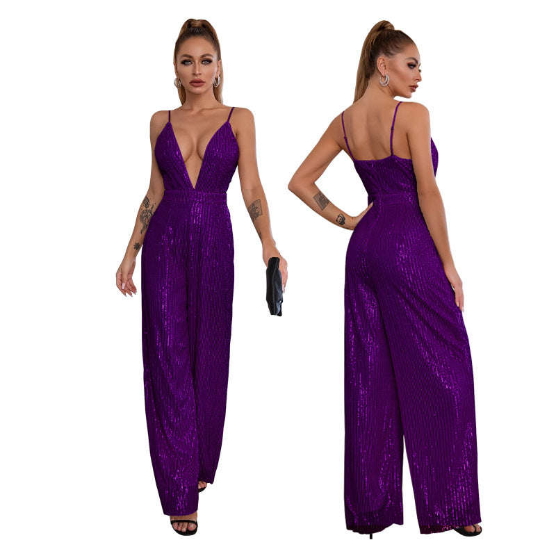 Deep V Neck Low Back Sleeveless Chic Sequined Straps Elegant Women's Party Jumpsuit 16