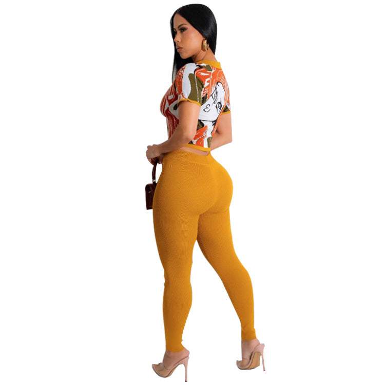 Women's Autumn And Winter Print Turndown Collar Short Sleeve Top Slim Trousers Two Piece Set 8