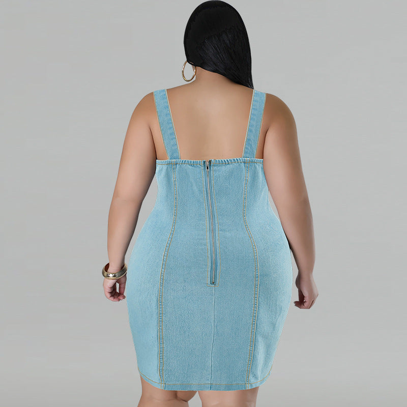 Plus Size Women's Denim Strap Sleeveless Bodycon Denim Dress 3