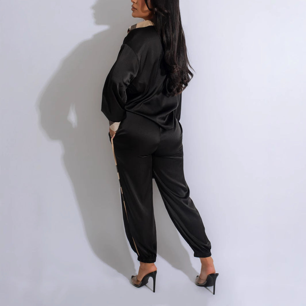 Women Contrast Patchwork Shirt and Cuffed Pants Two-piece Set
