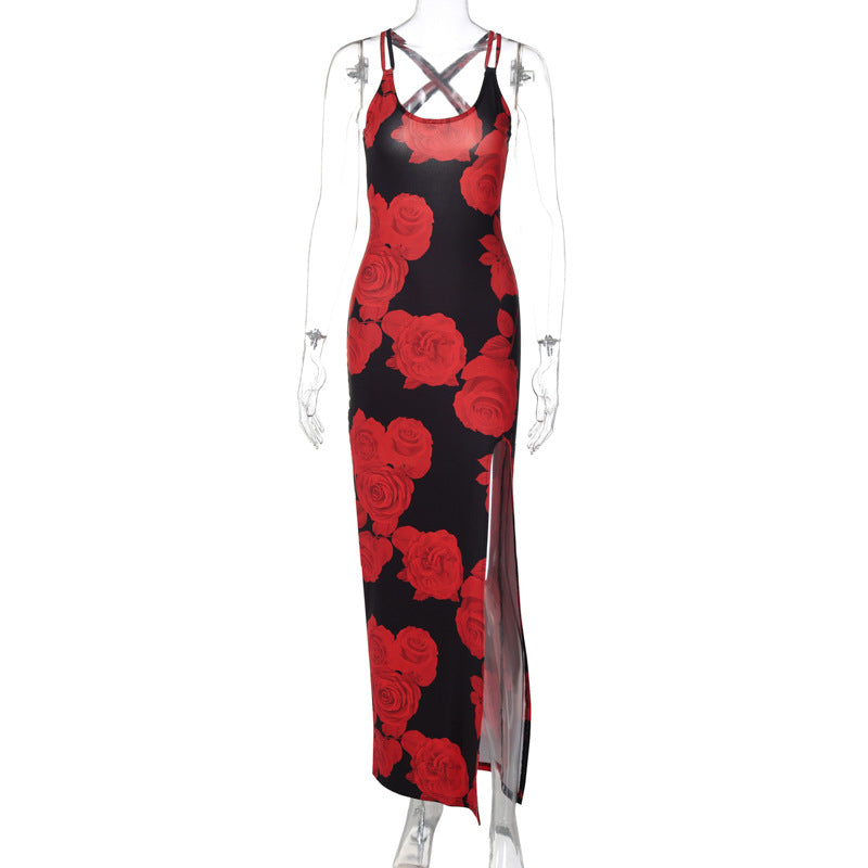 Summer Women's Sexy Slit Strap Long Fashionable Printed Dress 8
