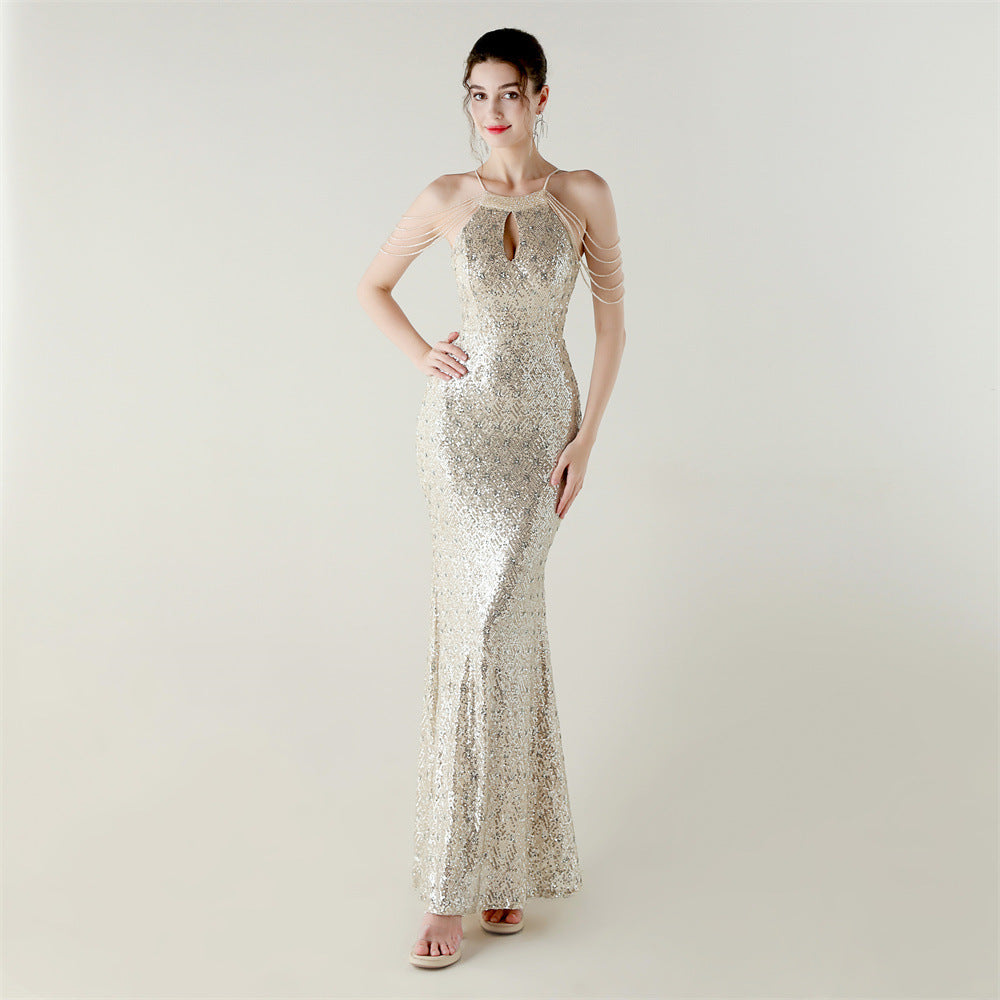 Sequin Beaded Off-Shoulder Halter Fishtail Luxury Party Dress 15