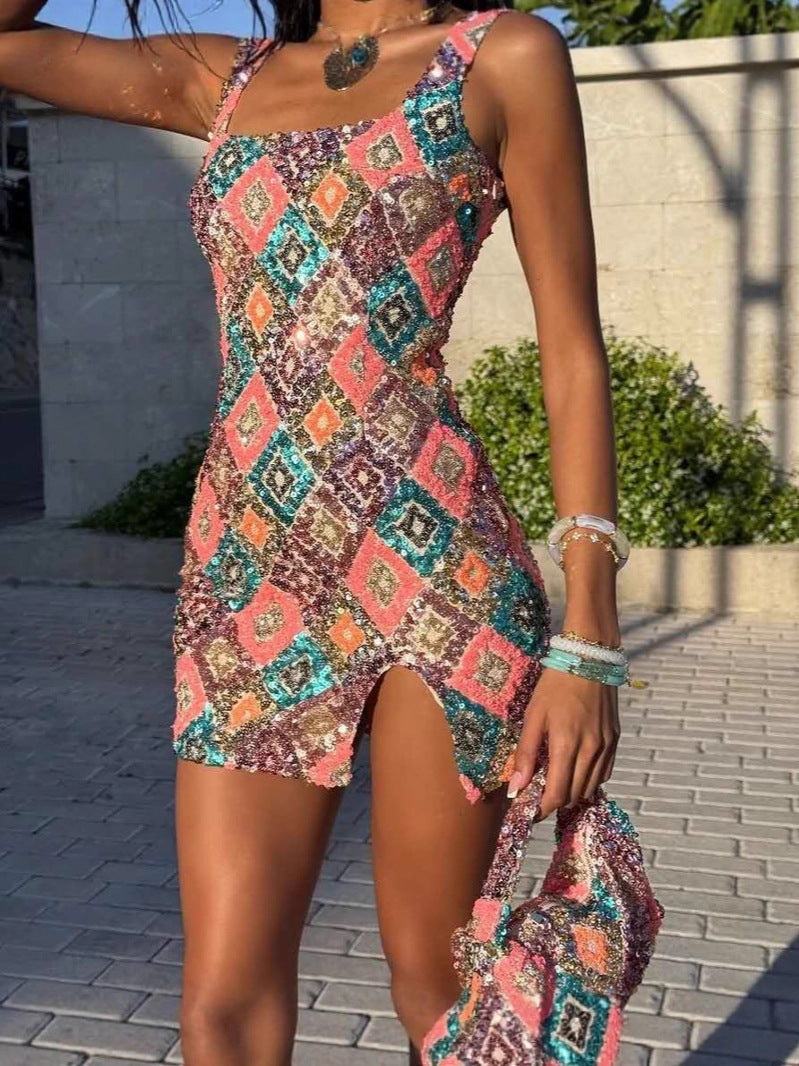 Women Spring/Summer Floral Sequin Slit Bodycon Sexy Dress 13