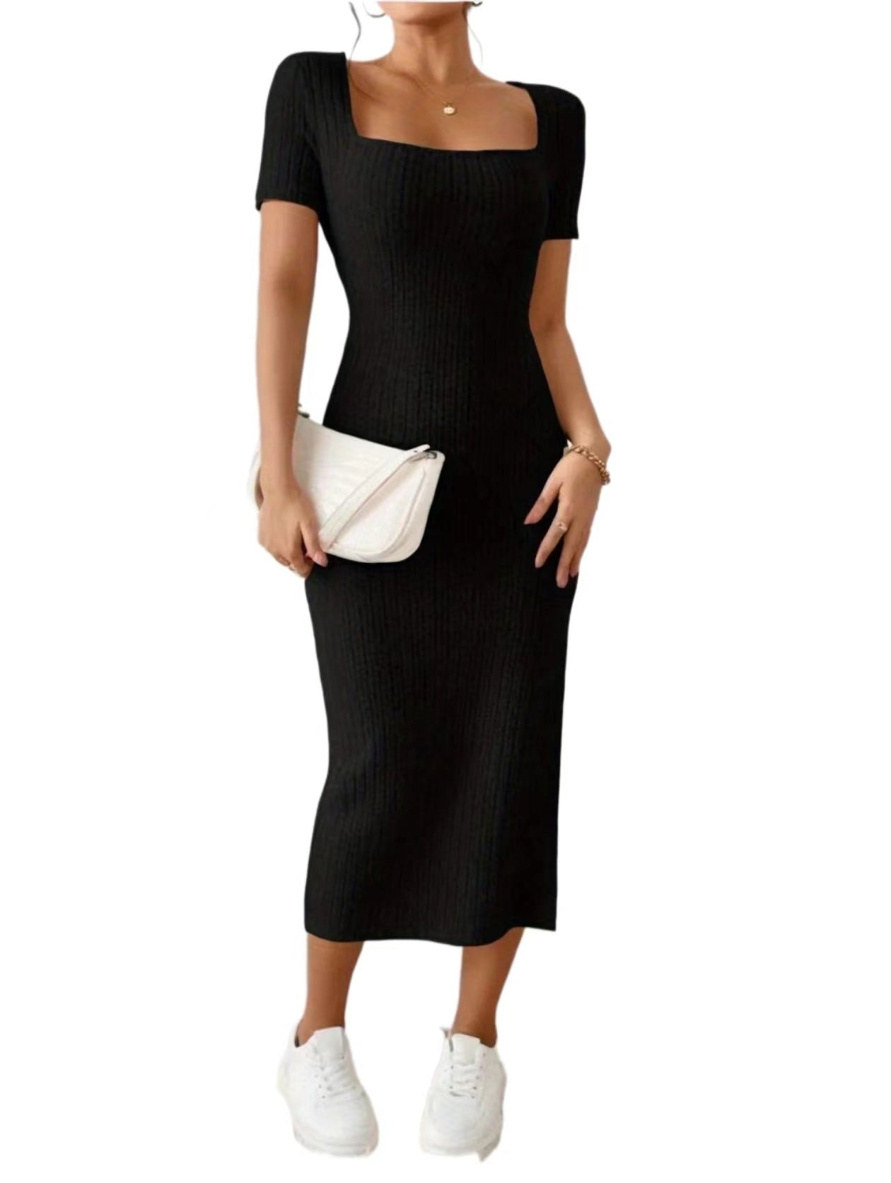 Summer women's fashion square neck sexy slim slit Bodycon Dress 5