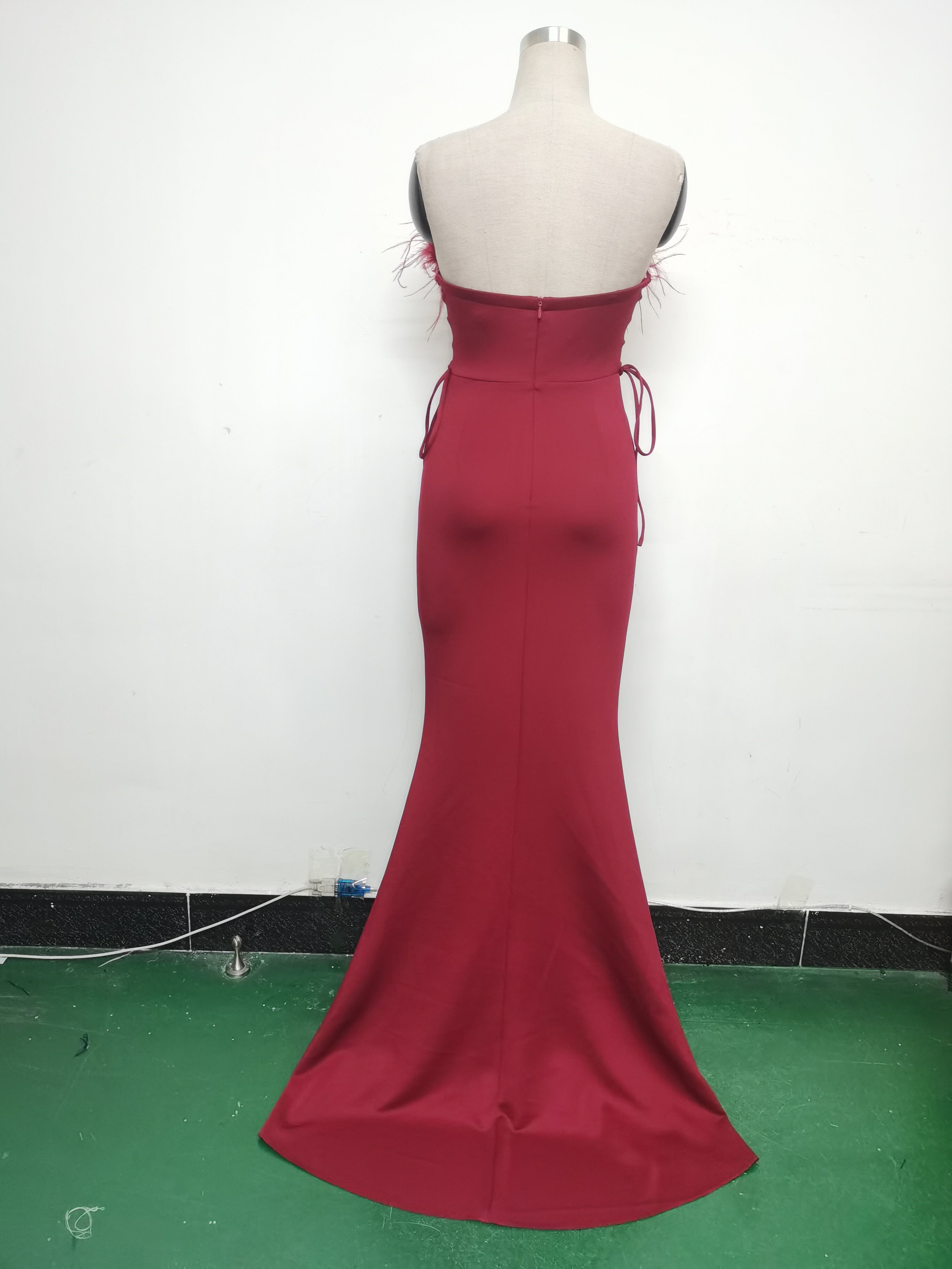 Feather Strap Slim Waist Solid Color Slit Evening Dress 27