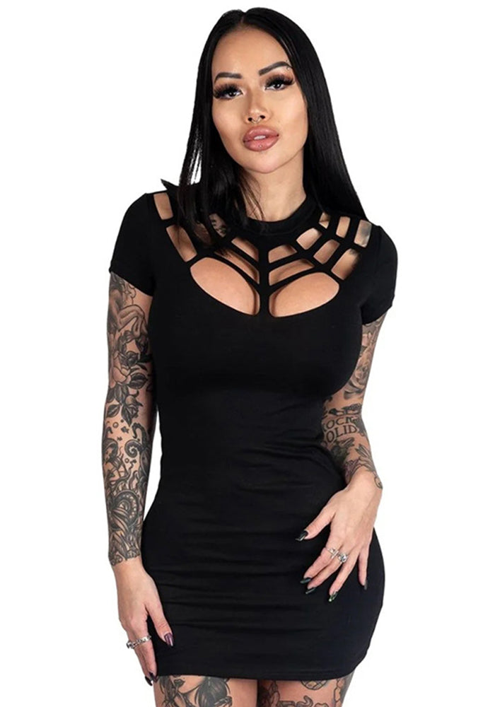 Women's summer fashion hollow solid color Patchwork Round Neck short sleeve slim dress