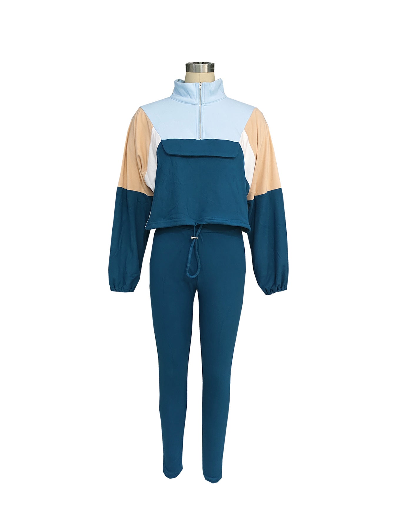 Autumn Contrast Color Zipper Patchwork Top Tight Fitting Pants Sports Two-Piece Set 11