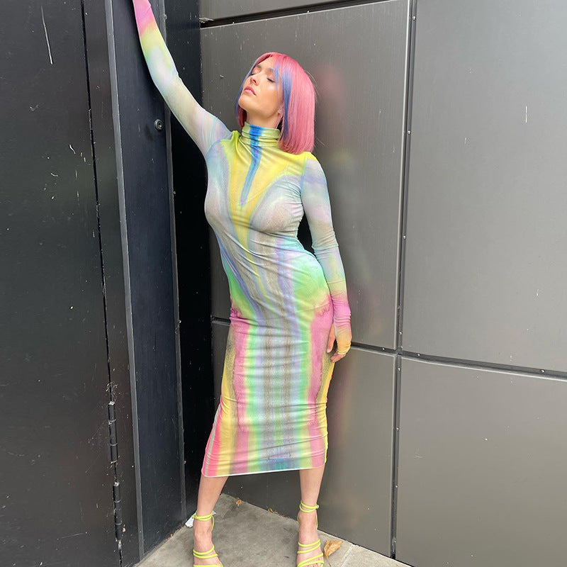 Women Autumn Sexy Mesh See-Through High Neck Long Sleeve Dress 5