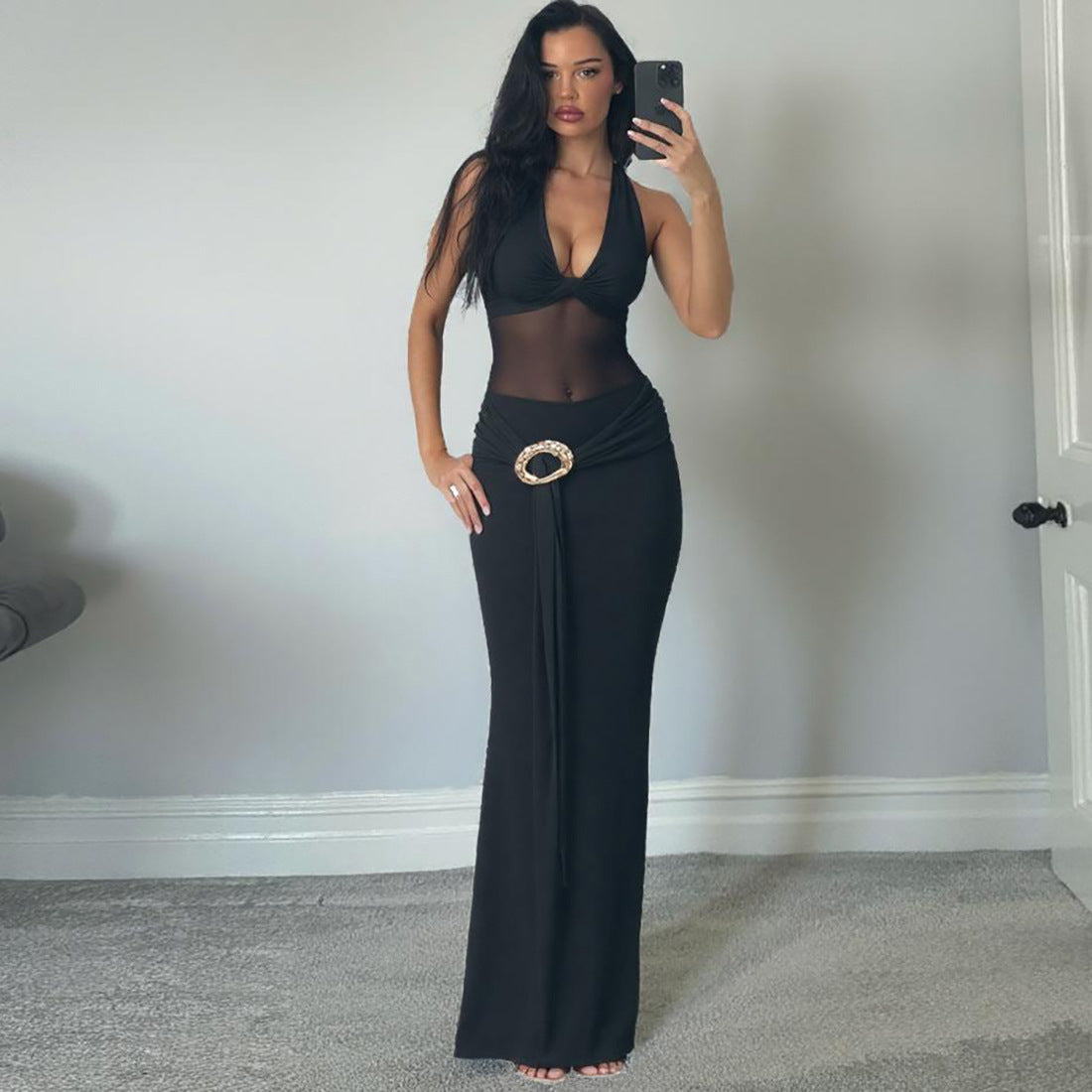 Autumn Women's Sexy Mesh Patchwork See-Through Slim Fit Halter Neck Lace-Up Dress