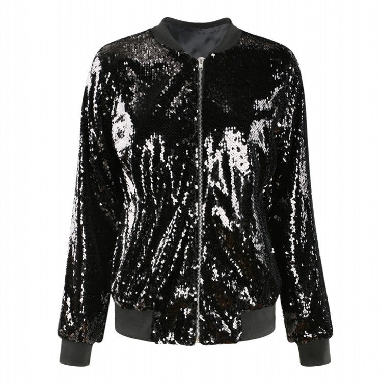 Casual Women's Fall Outer Coat Plus Size Loose Sequin Baseball Jacket 5