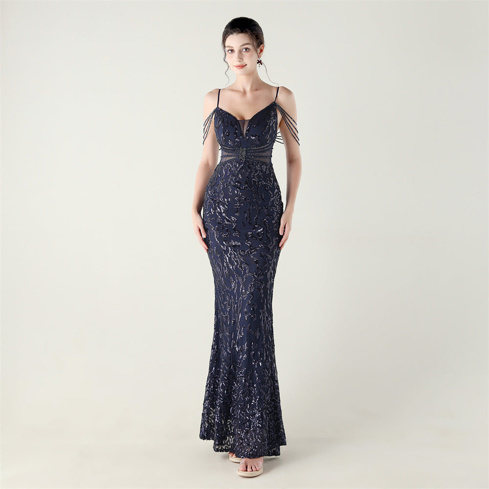 Beaded Sequin Fishtail Evening Dress Wedding Formal Party Gown 7