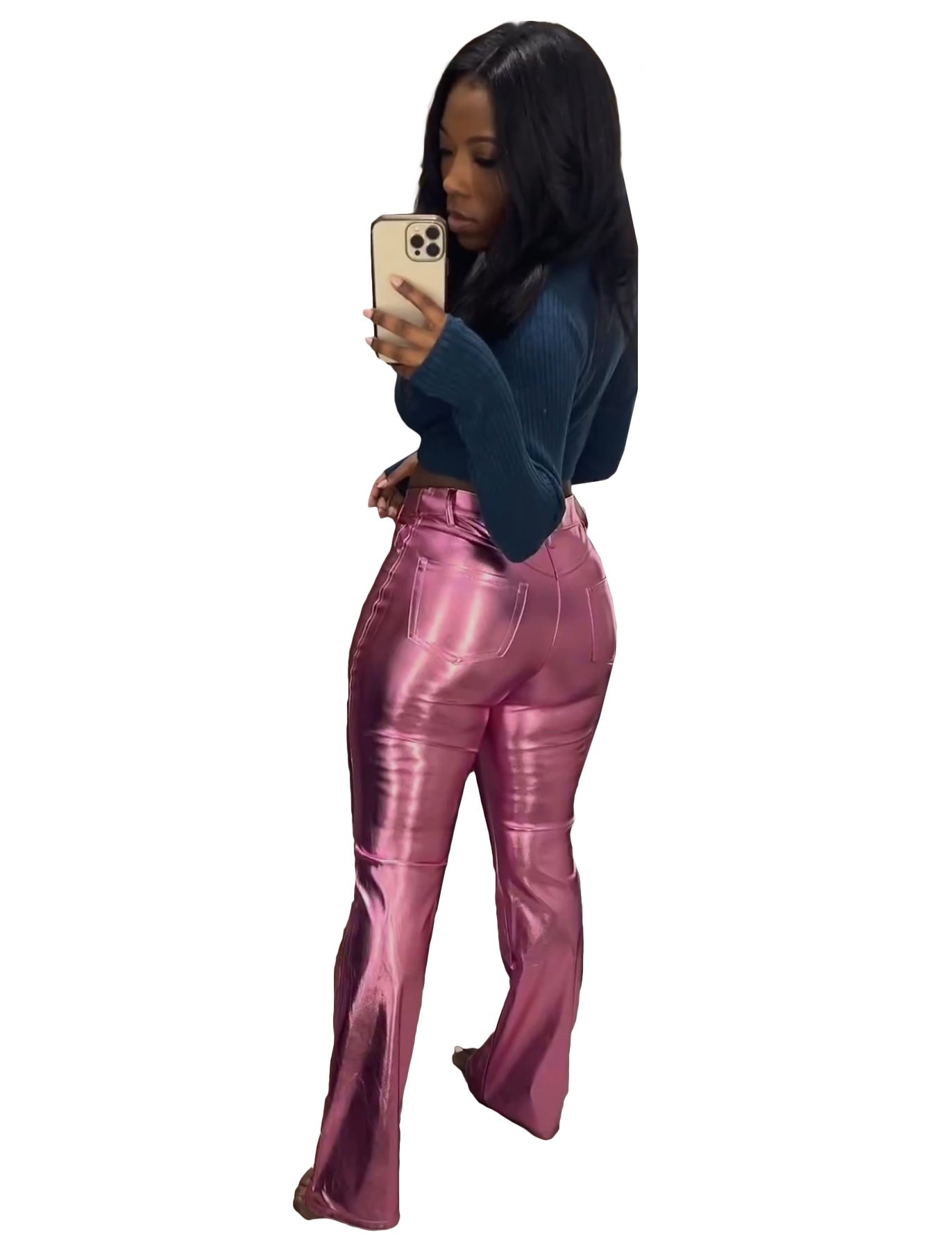 Women's Spring And Winter Metallic Bell Bottom Casual Long Leather Pants 5