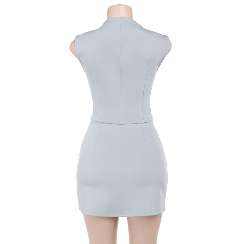 Summer Women's Fashion Style Chic Casual Solid Color Slim Sleeveless Top Skirt Suit 7