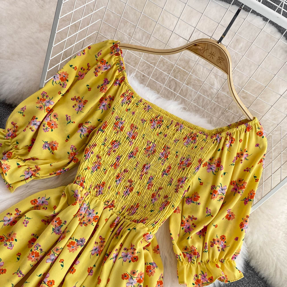 Women Summer French Square Neck Bubble Short Sleeve Slit Dress 33