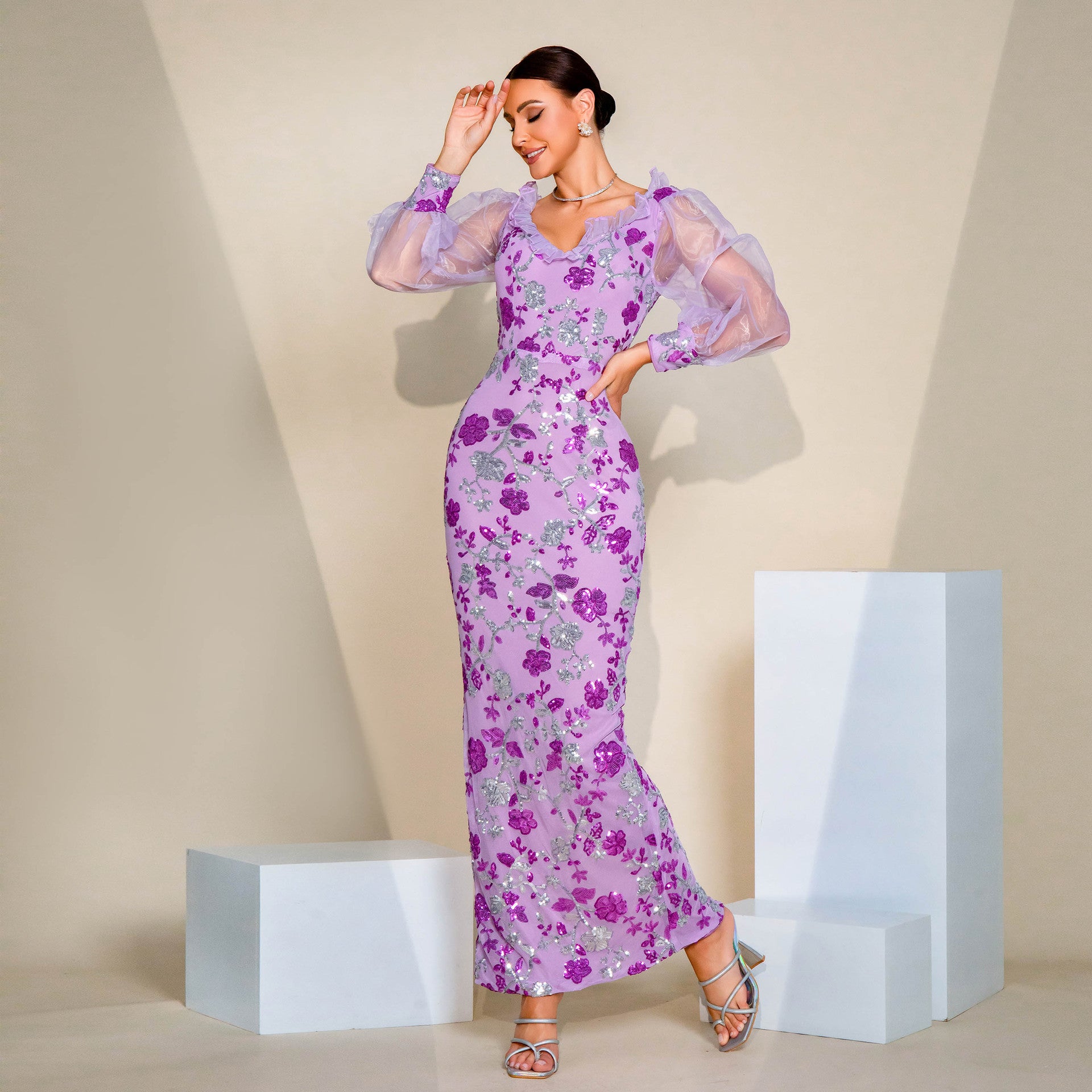 Long Sleeve V Neck Sexy Hollow Sequin Formal Party Evening Dress Bridesmaid Dress 5