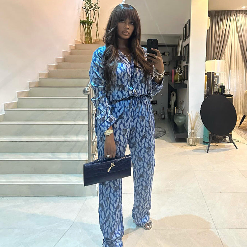 Spring Autumn African Print Casual Shirt Trousers Two-Piece Set