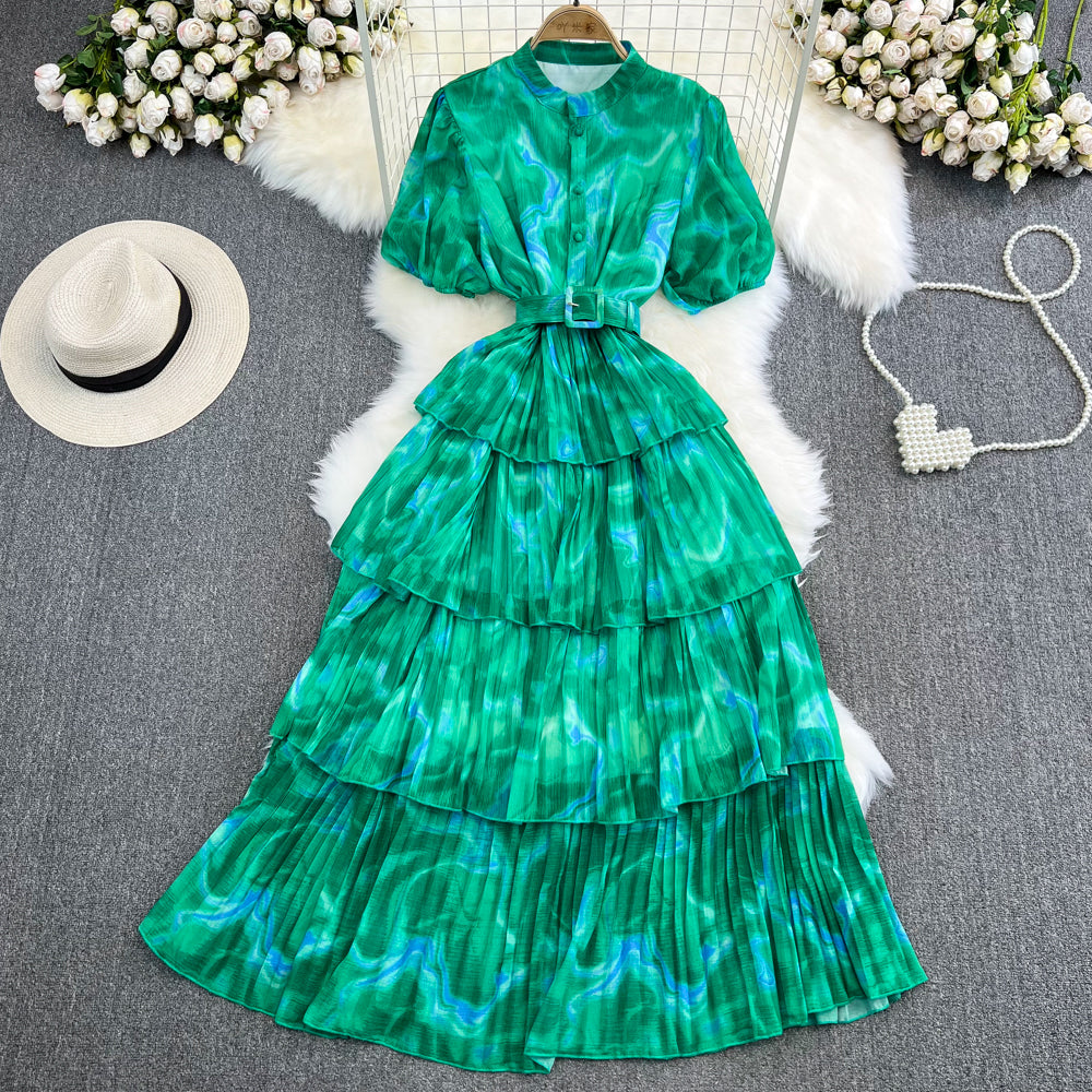 Puff Sleeve Stand Collar Slim Waist Tie-Dye Print A-Line Layer Dress 8