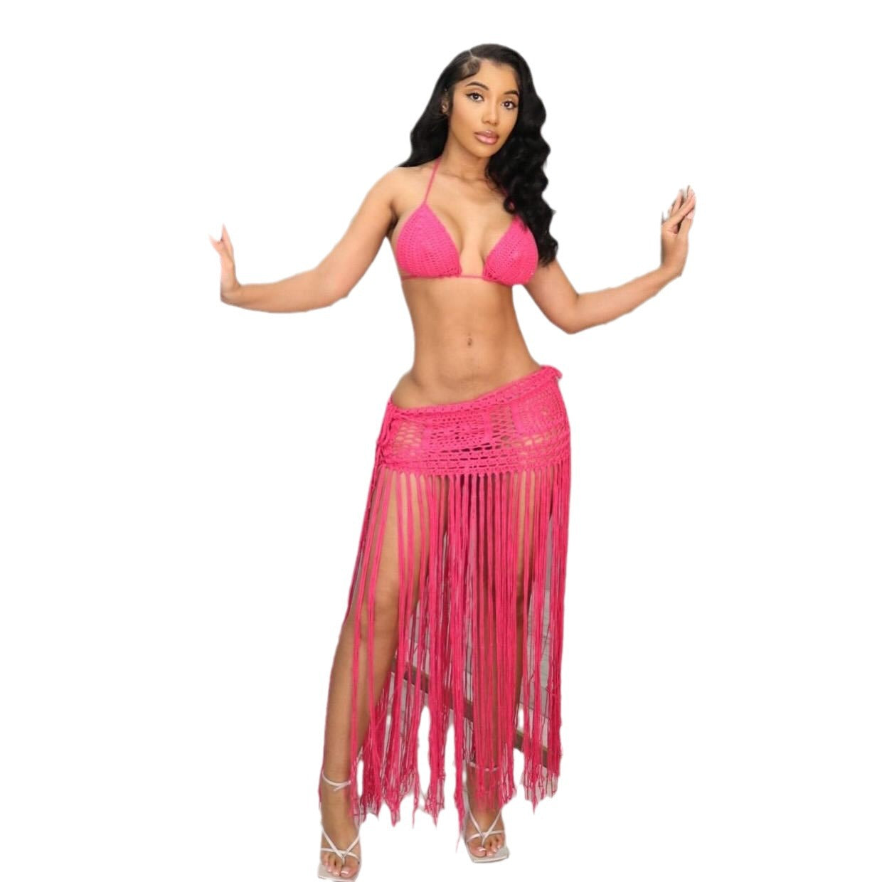 Women's Crochet Solid Color Bikini Top Tassel Beach Skirt Two Piece Set 8