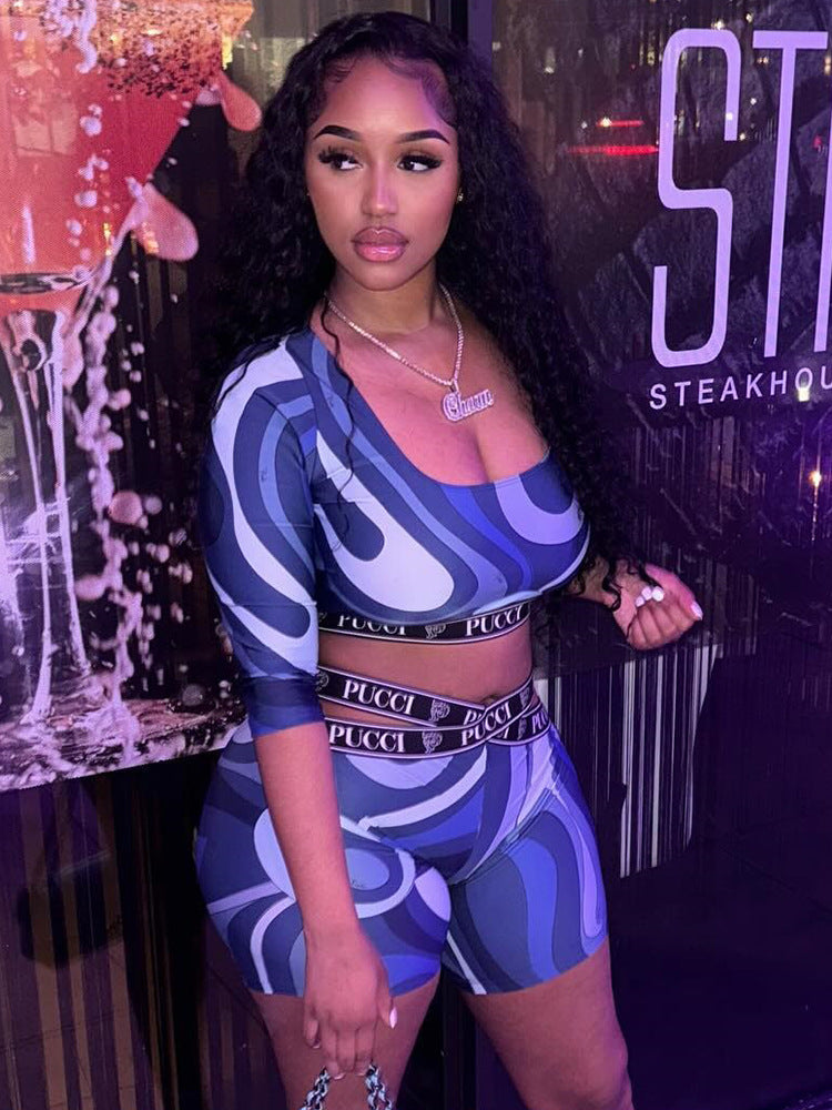 Women Fashion Printed Top and Shorts Two-piece Set