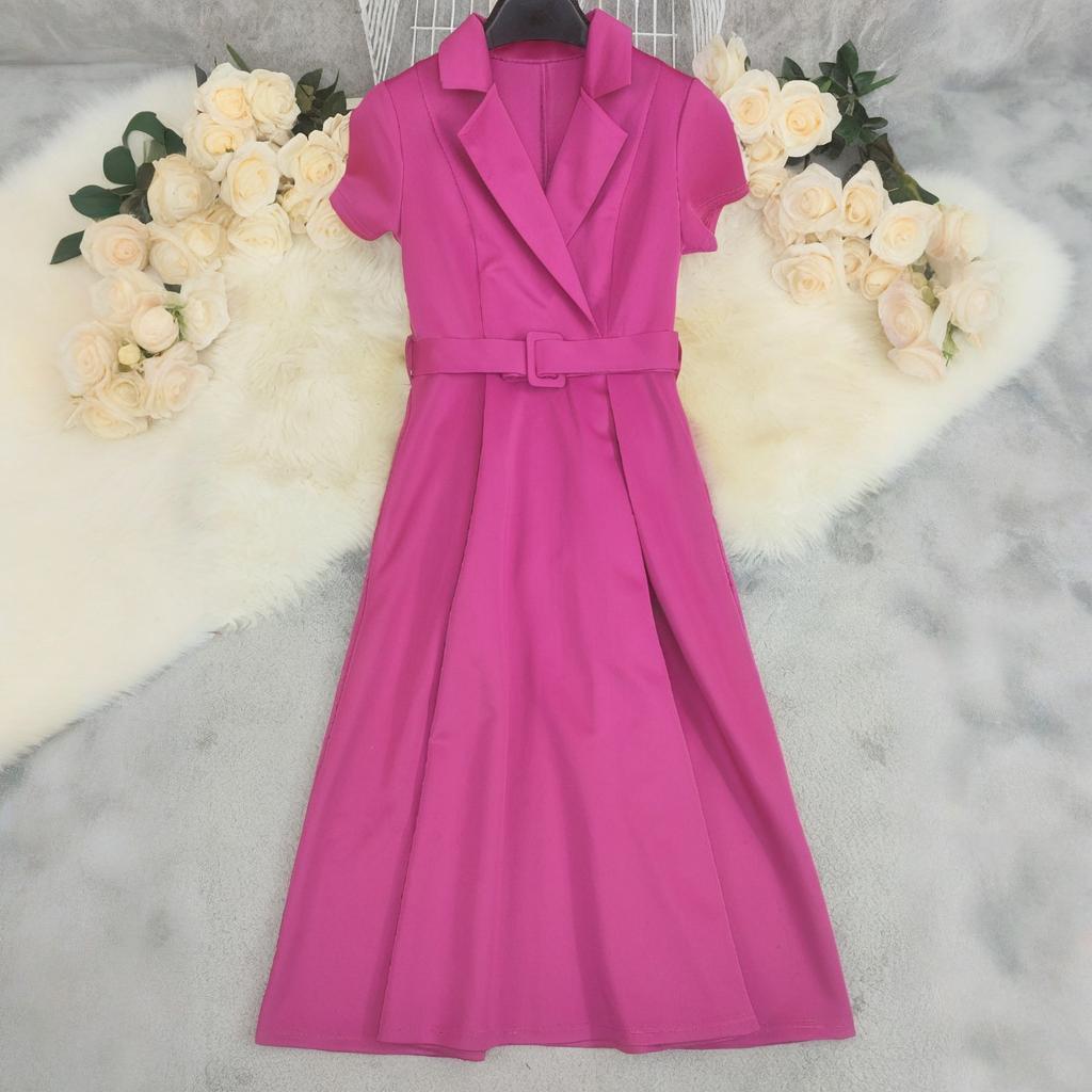 Summer Chic Short-Sleeve Turndown Collar Career Midi Dress