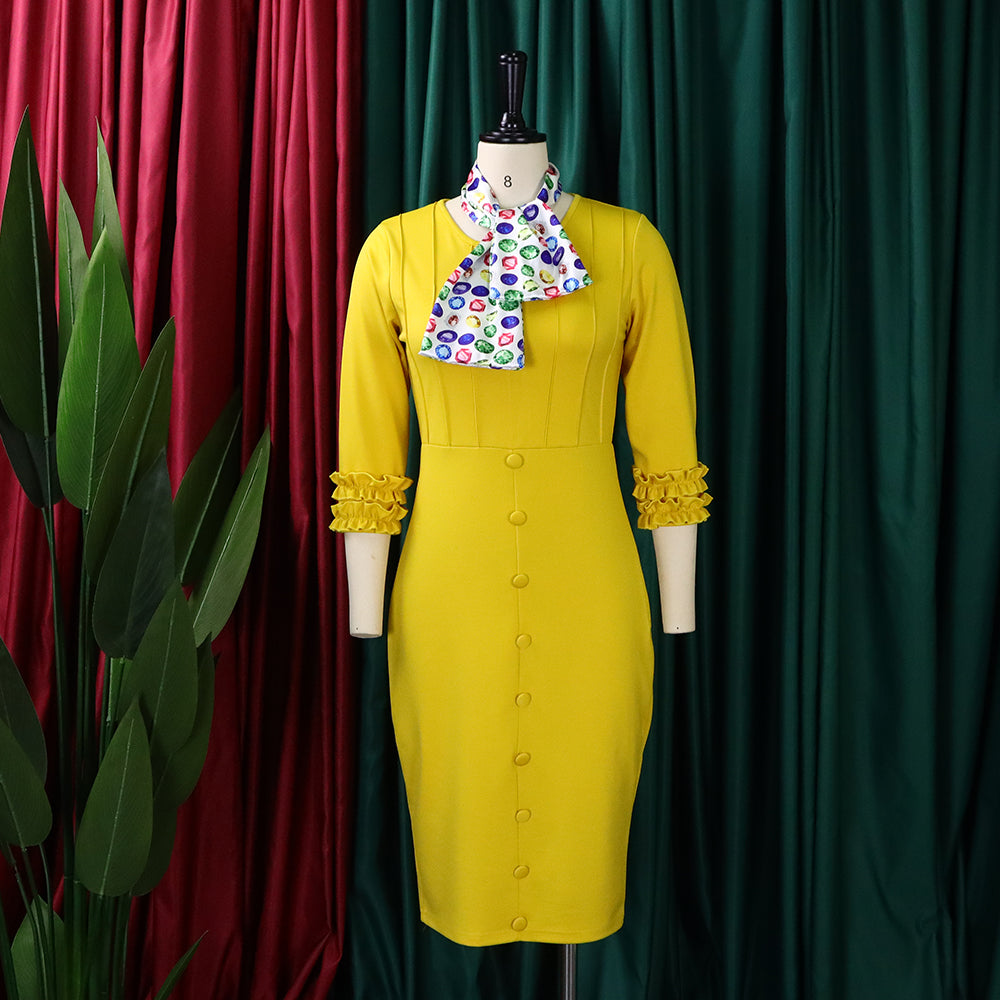 Women Fall Long Sleeve Solid Color Slit Scarf Bodycon Dress 16