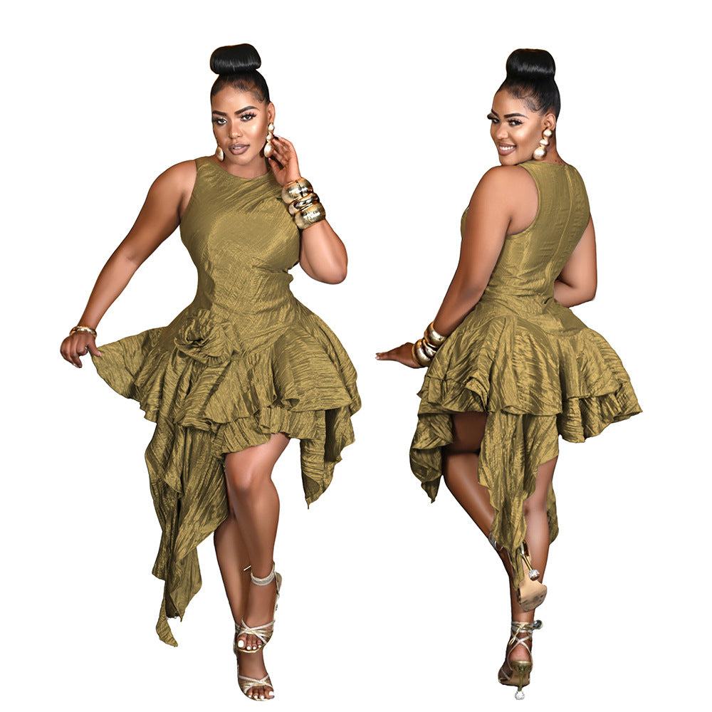 Round Neck Glitter Crinkle Irregular Solid Color Dress