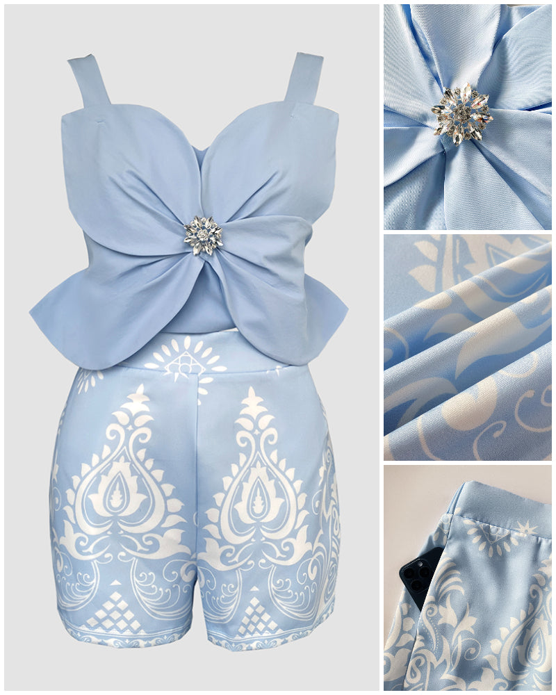 Women's Fashion Rhinestone Bow Decorated Sleeveless Top & Print Shorts Set 5