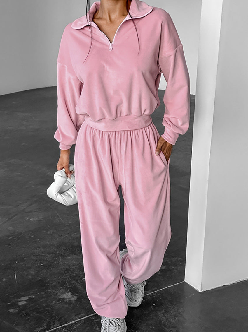 Pink Fashion Sports Suit Autumn Winter Zipper Turndown Collar Two-Piece Women Pants Set 4