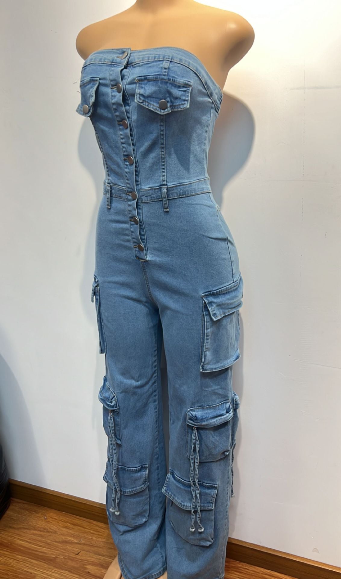Women Strapless Button Cargo Jumpsuit 6